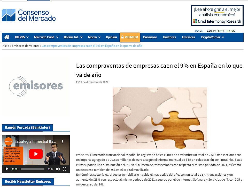 Las compraventas de empresas caen el 9% en Espaa en lo que va de ao